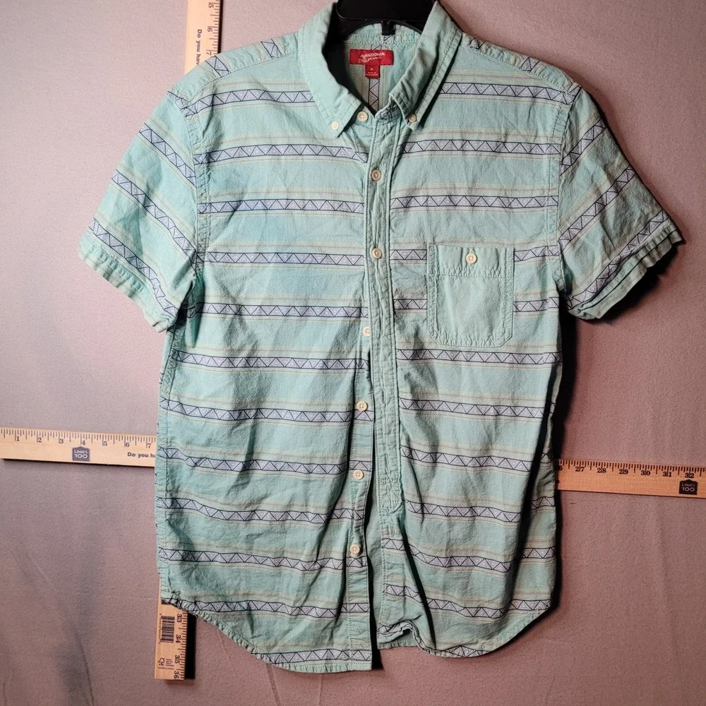 Arizona Jean Co Mens Medium‎ Short Sleeve Button Down Shirt Mint Green Geometric
